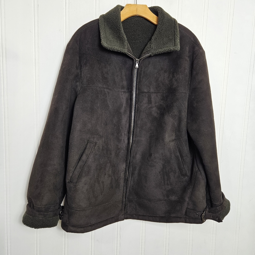 ZARA Black Faux Suede Aviator Jacket Shearling Lined Zip Coat Mens L - Picture 2 of 14